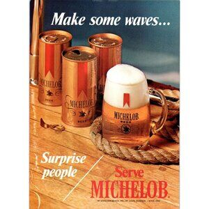 1971 Michelob Beer Mug Cans Vintage Print Ad Teak Decking Rope 70s Wall Art